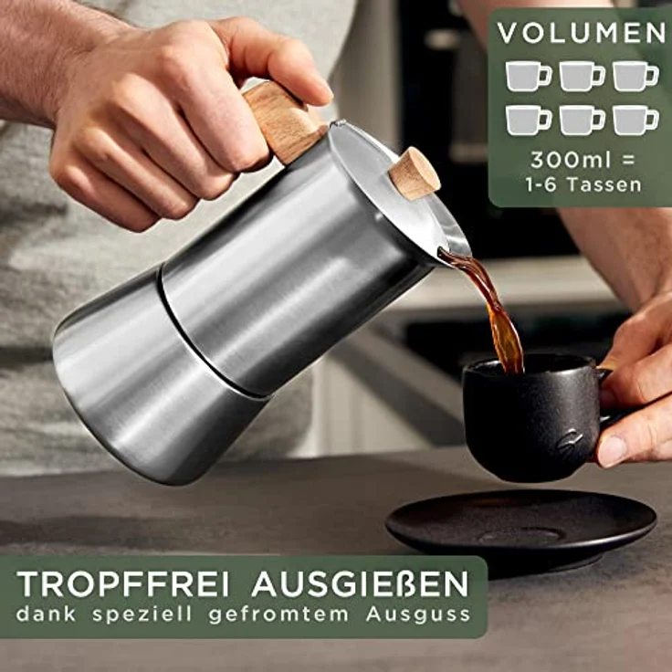 Waldwerk Espressokocher Edelstahl, 300 ml Kaffeekanne für Induktion und alle Herdarten, mit Eichenholzgriff und Messing-Sicherheitsventil – Bild 4