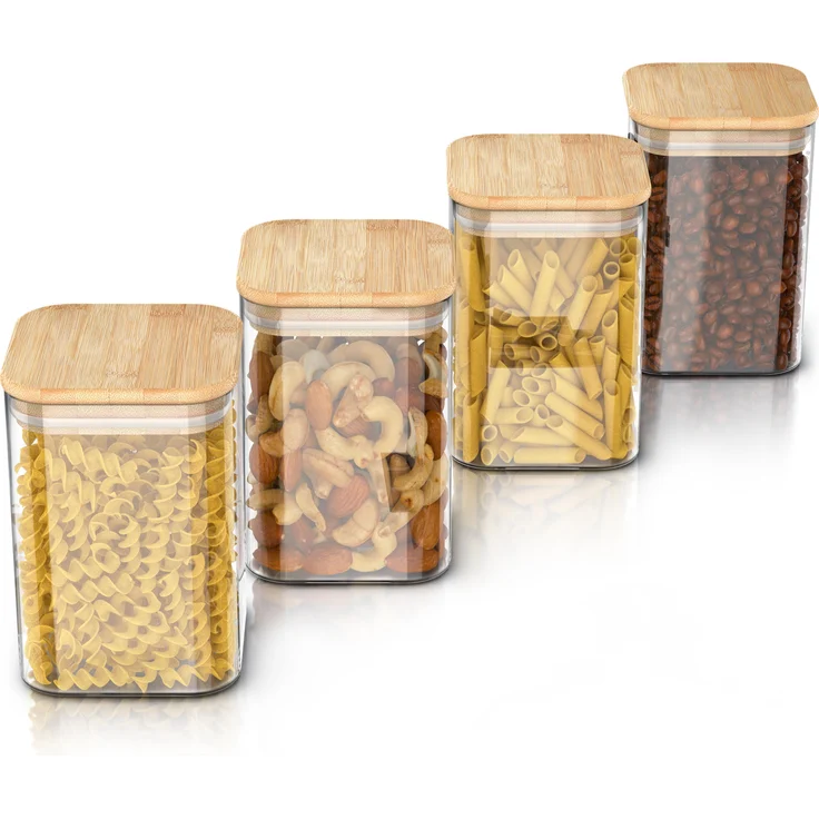 Arendo Vorratsgläser, Glasbehälter-Set 4x 1,2 L aus Borosilikatglas mit Bambusdeckel, luftdicht, mikrowellengeeignet, umweltfreundlich, quadratisch