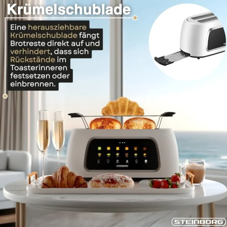 Steinborg XXL 4-Scheiben Toaster Schwarz mit Lift-Funktion, digitalem Display und Brötchenaufsatz, Edelstahl-Design – Bild 4