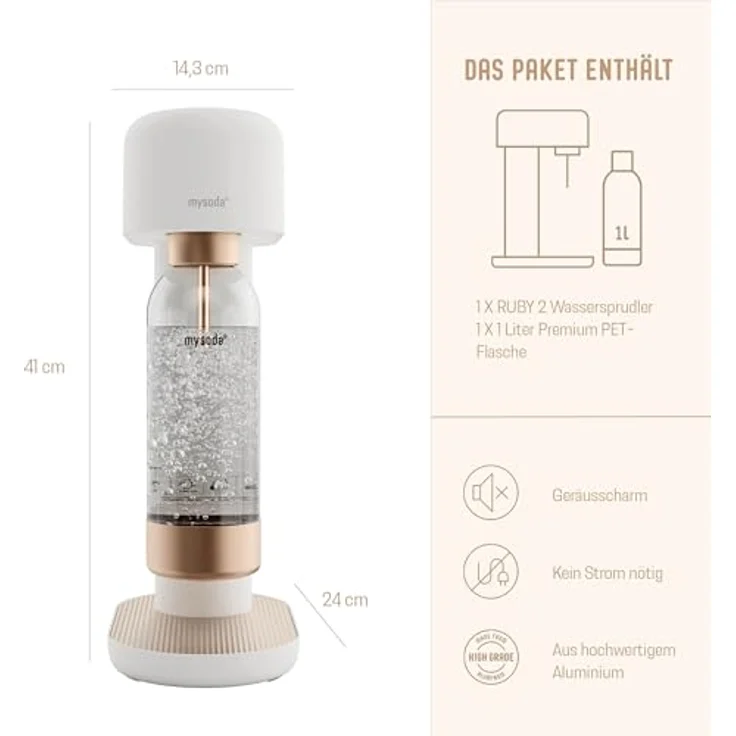 Mysoda Ruby 2 Basispaket Wassersprudler aus Aluminium mit 1-Liter-Wasserflasche - Weiß-Kupfer – Bild 2