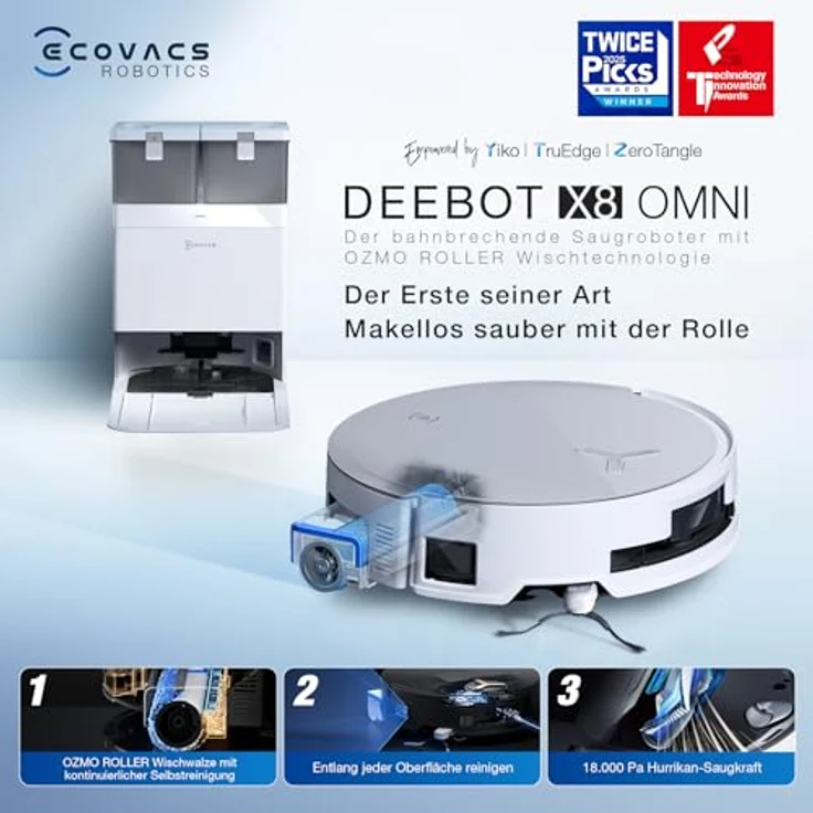 ECOVACS DEEBOT X8 Omni Saugroboter mit Wischfunktion, 18.000 Pa, OZMO Roller Wischwalze mit kontinuierlicher Frischwasser-Selbstreinigung, Moppwäsche mit 76°C heißem Wasser, Heißlufttrocknung, Weiß – Bild 2