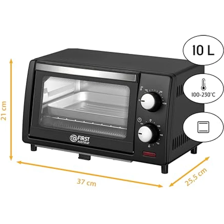TZS First Austria 10 Liter Minibackofen, 800 Watt, bis 230 Grad, stufenlose Temperaturregelung, 60 Minuten Timer, 2 Einschubhöhen, Doppelglastür, Mini Ofen – Bild 2