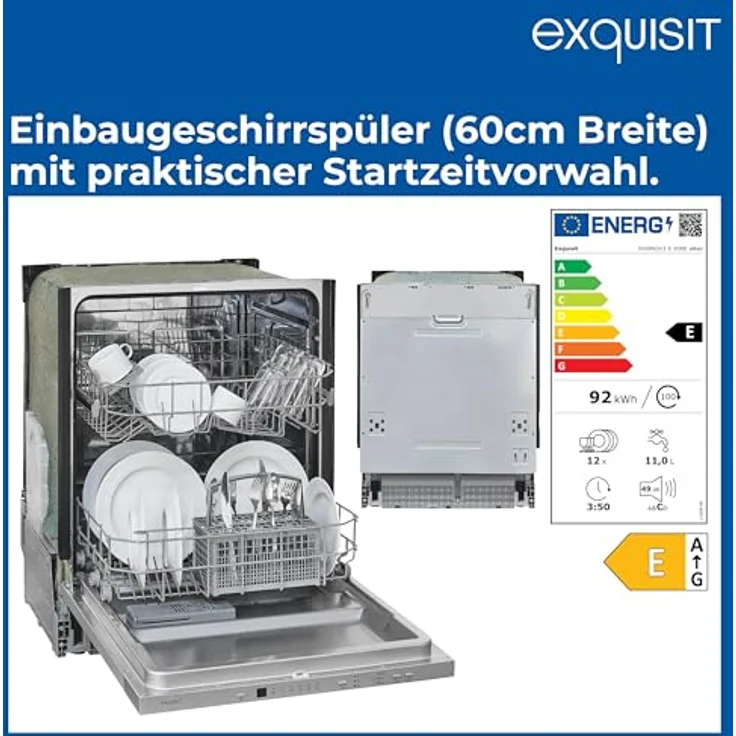 Exquisit EGSP56312-E-030E Einbau-Geschirrspüler, 12 Maßgedecke, 49 dB(A), Startzeitvorwahl, Aquastop, höhenverstellbarer Geschirrkorb, silber – Bild 3