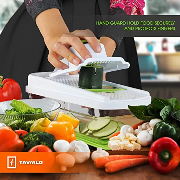 TAVIALO Gemüsehobel Edelstahl Mandoline Set – 6-in-1 mit BPA- und PFOA-freiem Glasbehälter, spülmaschinenfest, ideal für Gemüse, Obst & Meal-Prep – Bild 5