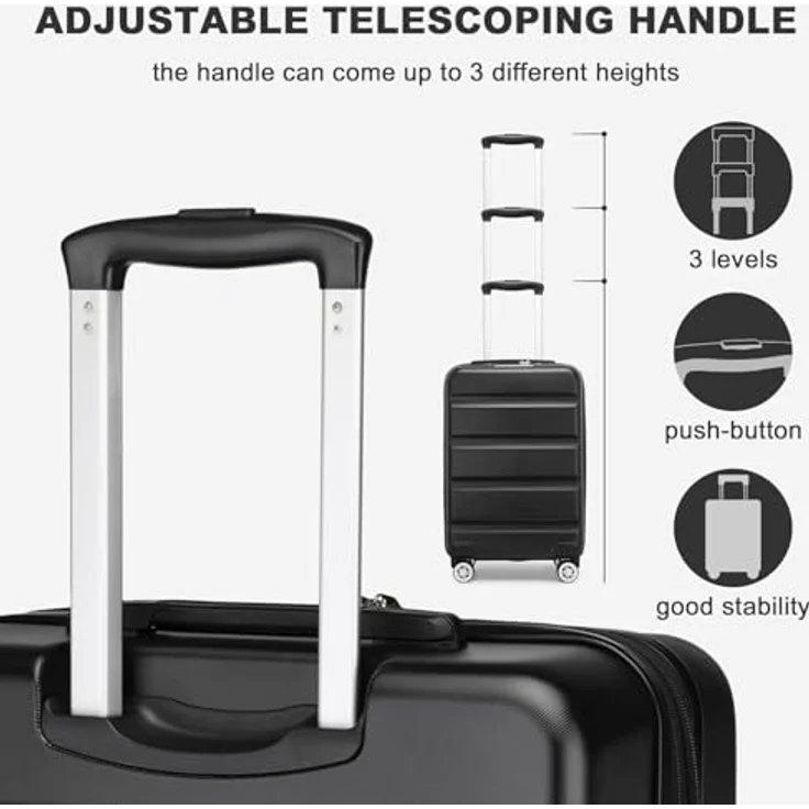 KONO Koffer Trolley L, Mittelgroßer erweiterbarer Hartschalenkoffer mit TSA-Schloss, 4 Spinnrollen, 65x43.5x25cm, Schwarz – Bild 4