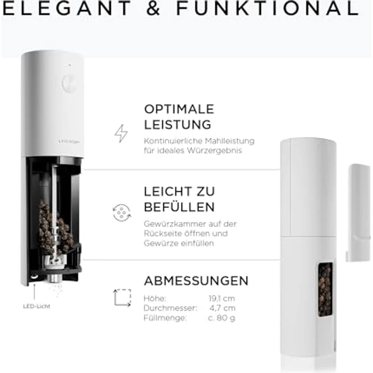 LARS NYSØM Salz und Pfeffer Mühle Elektrisch 2er Set mit einstellbarem Keramik-Mahlwerk von grob bis fein I Design Gewürzmühlenset Automatisch (2 Stück, Snow White) – Bild 4