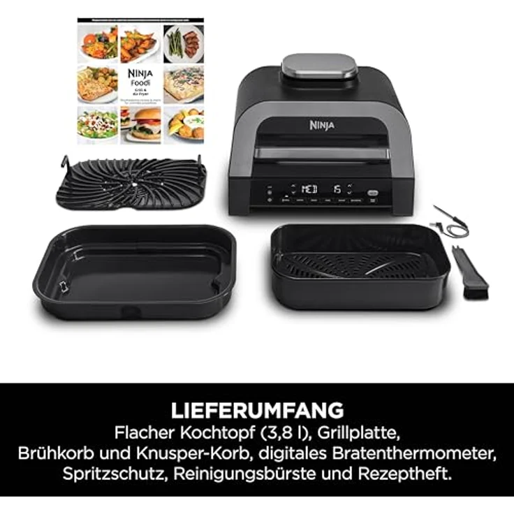 Ninja MAX 6-in-1-Grill & -Heißluftfritteuse für den Innenraum, 6 Kochfunktionen, für bis zu 6 Burger, 3,8-l-Fassungsvermögen, kaum Rauch, digitales Bratthermometer, Grau/Silber – Bild 2