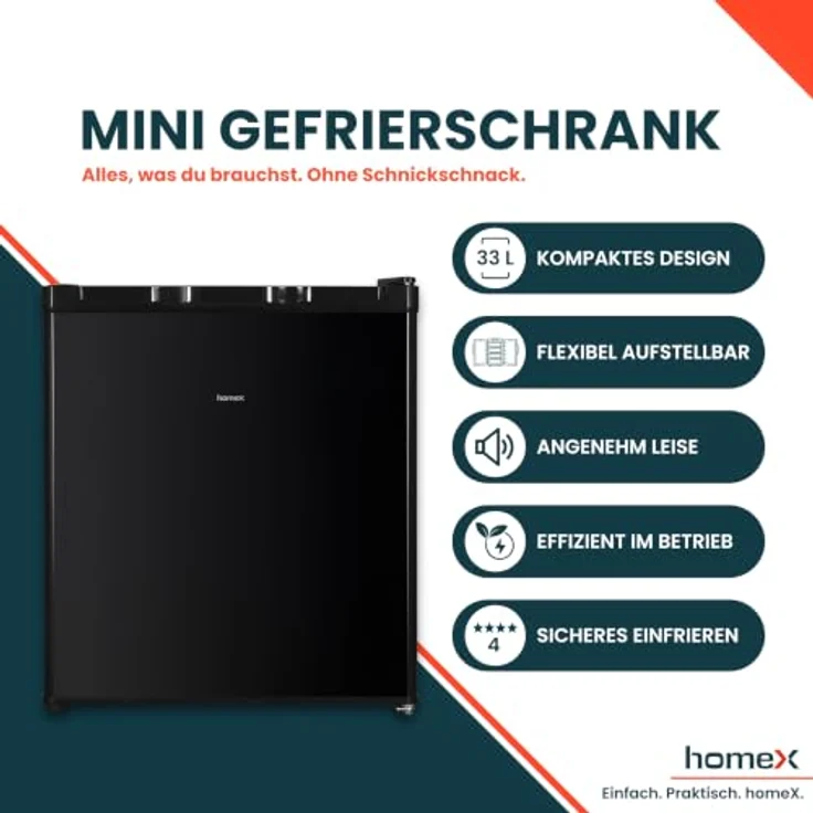 homeX FM1015-B Mini Gefrierschrank, 33L freistehende Gefriertruhe mit 4-Sterne-Gefrierfach, kompakt und leise, schwarz – Bild 2