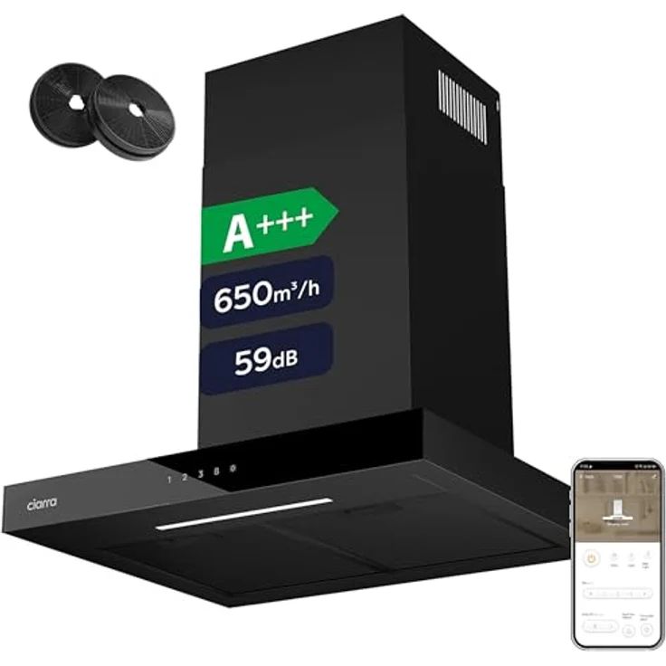 CIARRA CBCB6102, A+++ Dunstabzugshaube 60 cm Umluft, 650 m³/h, Touch Control mit App-Bedienung, schwarz, energiesparend, leise, inkl. 2 Lichtmodi – Bild 1