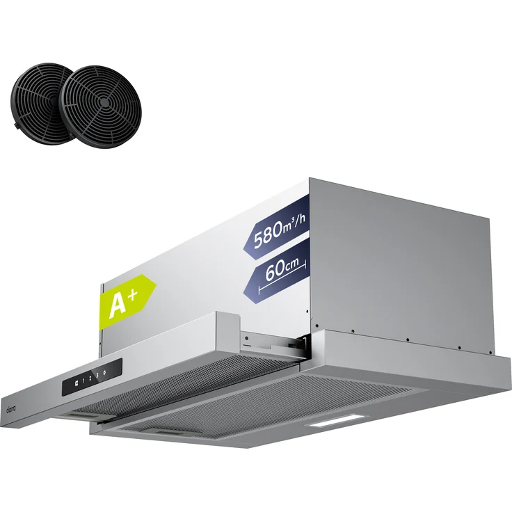 Ciarra VM6909AS Flachschirmhaube, Einbau-Dunstabzugshaube 60cm, 580 m³/h, A+, Touch-Bedienung, Edelstahl/Silber, Umluft & Abluft