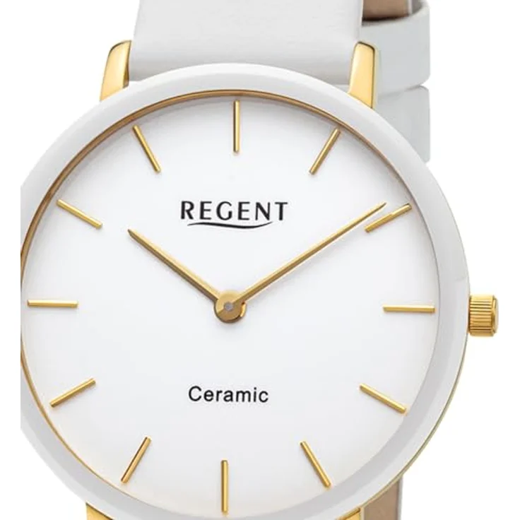 REGENT Damenuhr BA-842, Edelstahl Vergoldet/Keramik Weiß Ø 34 mm mit Quarzwerk und Lederarmband – Bild 2