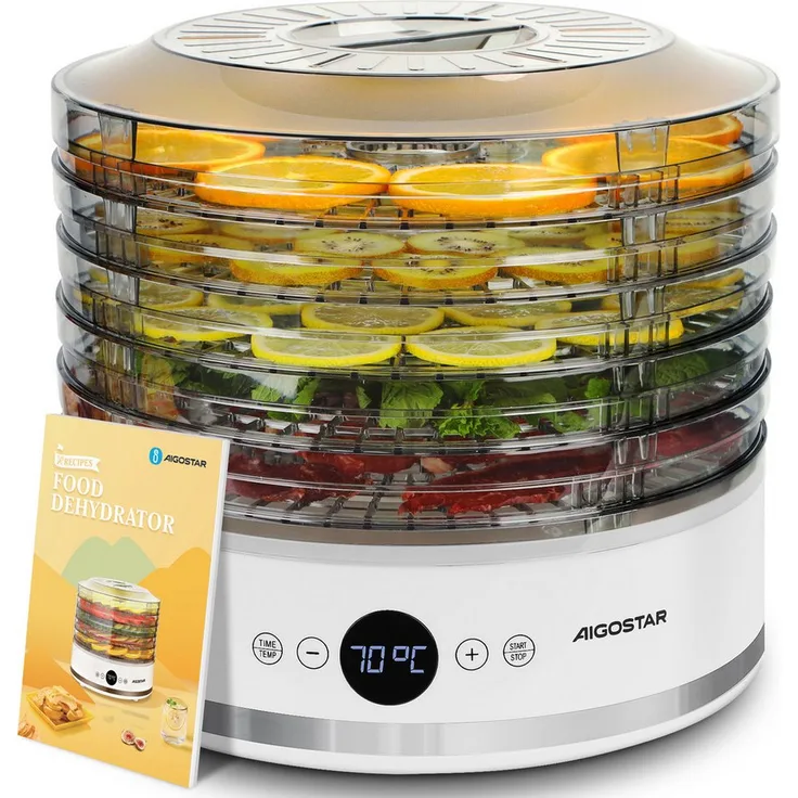 Aigostar Dörrautomat Dörrautomaten mit FAN-Modus, 5 höhenverstellbare Etagen, 380W, Temperatur 35-70°C, 48h-Timer, LED-Anzeige, BPA-frei