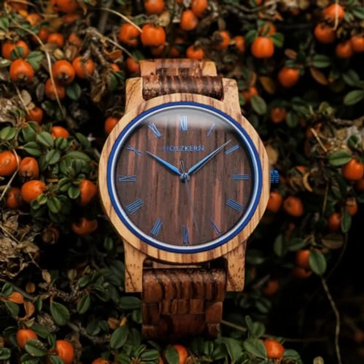 Holzkern Quarzuhr Herbstmorgen, Unisex Armbanduhr aus Zebrano/Wenge mit japanischem Quarzwerk und blauem Zifferblatt – Bild 8