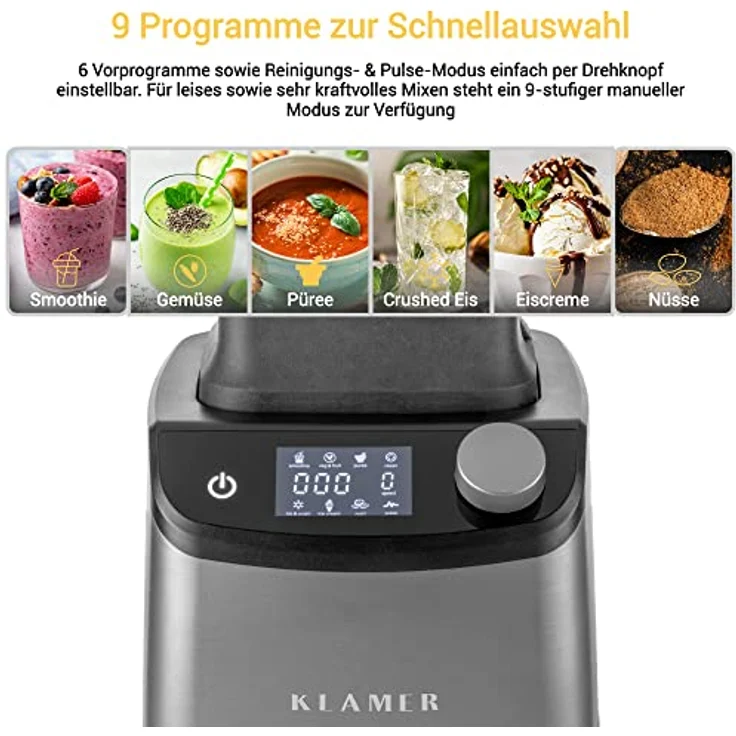 KLAMER K-PB-GY-1800 Power Mixer Standmixer, 1800W, 1,75L, Smoothie Maker, 28000 U-Min, 9 Programme und 8 Klingen, BPA frei, schwarz – Bild 2