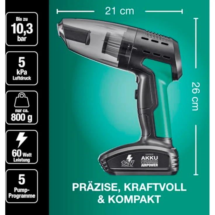 EASYmaxx Akku-Handstaubsauger & Luftkompressor, 11,1V schwarz/grün, mit LED-Display und 5 Pump-Programmen – Bild 8