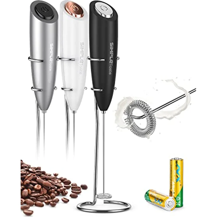 SIMPLETASTE Milchaufschäumer, Elektrisch Handheld Schaumbereiter aus Edelstahl, mit 2 AA-Batterien, schnelles Aufschäumen für Cappuccino, Latte und mehr – Bild 1