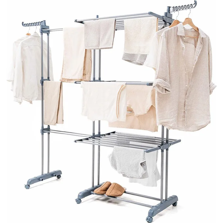 InnovaGoods Klappbarer vertikaler ausziehbarer Wäscheständer Dolver XL mit 30 Stangen, 22 m Trockenlänge, Tragfähigkeit bis zu 45 kg, mit Rollen