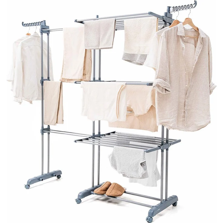 InnovaGoods Klappbarer vertikaler ausziehbarer Wäscheständer Dolver XL mit 30 Stangen, 22 m Trockenlänge, Tragfähigkeit bis zu 45 kg, mit Rollen