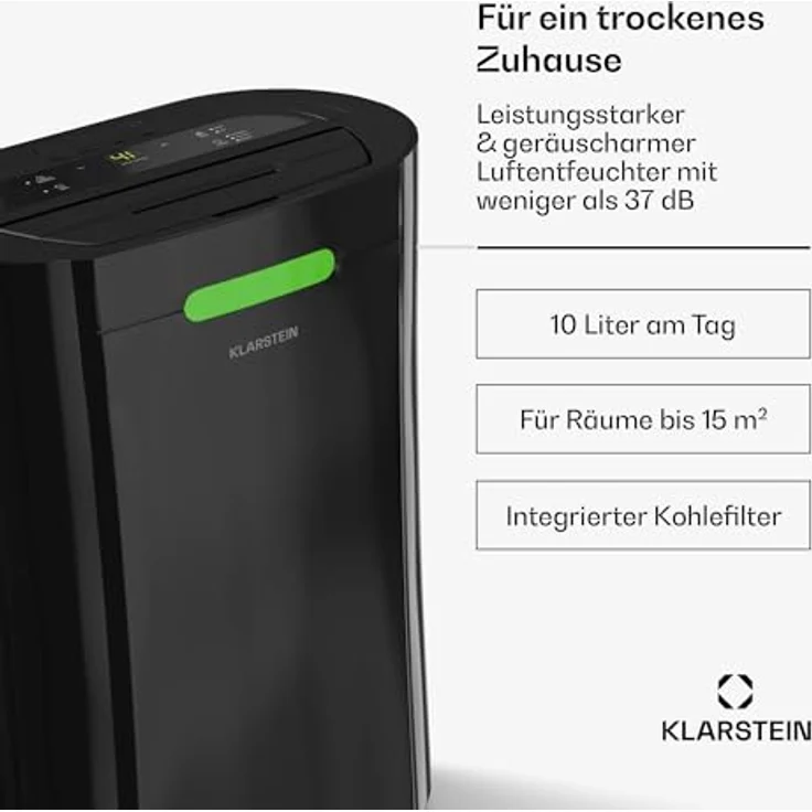 Klarstein AeroDry 10l Luftentfeuchter - 165W, 10L/Tag, 2.5L Tank, 37dB Leise, Aktivkohlefilter, DrySelect, für Zuhause, Schlafzimmer, Badezimmer, Elektrischer Raumentfeuchter, Schwarz – Bild 2