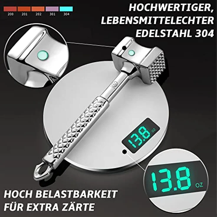 Fleischklopfer Edelstahl spülmaschinenfest - Original Design - Doppelseitiger Schnitzelklopfer ideal für Schnitzel, Koteletts, Steaks - Fleischhammer mit 5 Jahre Garantie - Preisvergleich – Bild 5