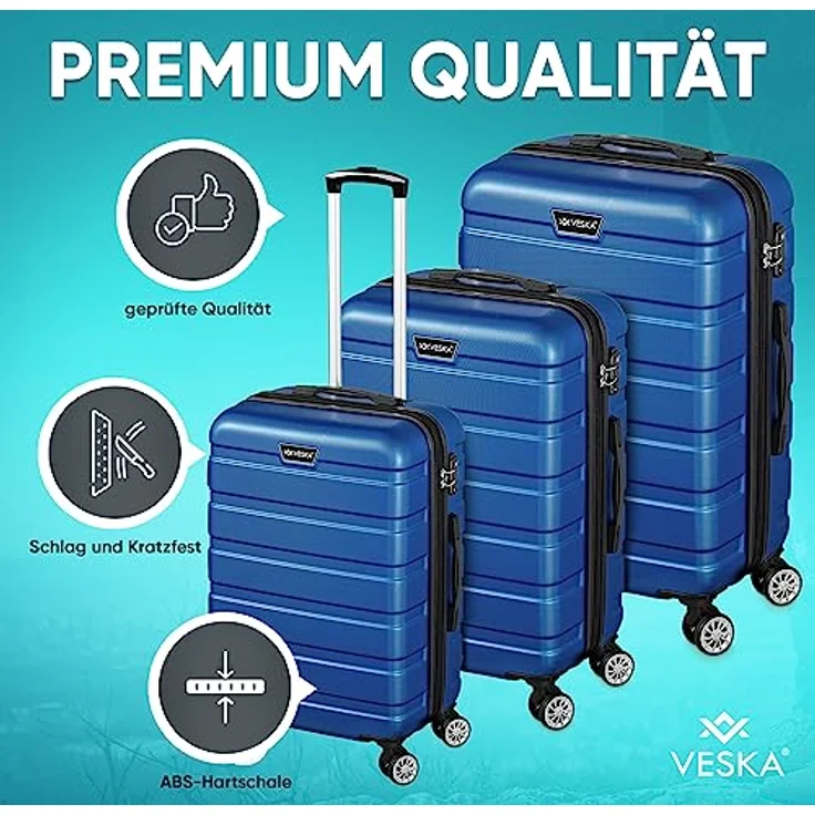 VESKA 3tlg. Hartschalenkofferset Hard Shell Reisekoffer Kofferset Trolley Koffer Hartschalenkoffer Reisekofferset Rollkoffer TSA Zahlenschloss 4 Rollen ABS-Hartschale M-L-XL (schwarz) – Bild 2