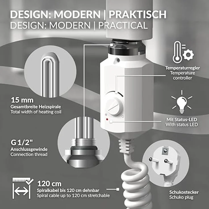 LuxeBath Badheizkörper 750x1500mm Weiß gerade, Heizstab 1200W, platzsparendes Design, hohe Wärmeleitfähigkeit – Bild 7