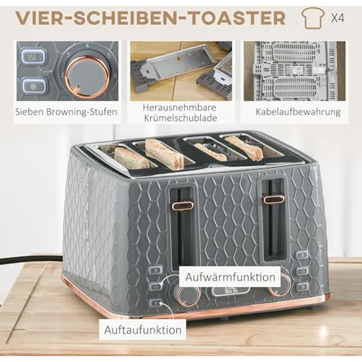 HOMCOM Toaster Kocher-Set, 4 Schlitze für 4 Scheiben, 2200 W, automatische Abschaltung, Auftau- & Aufwärmfunktion, Beige – Bild 4