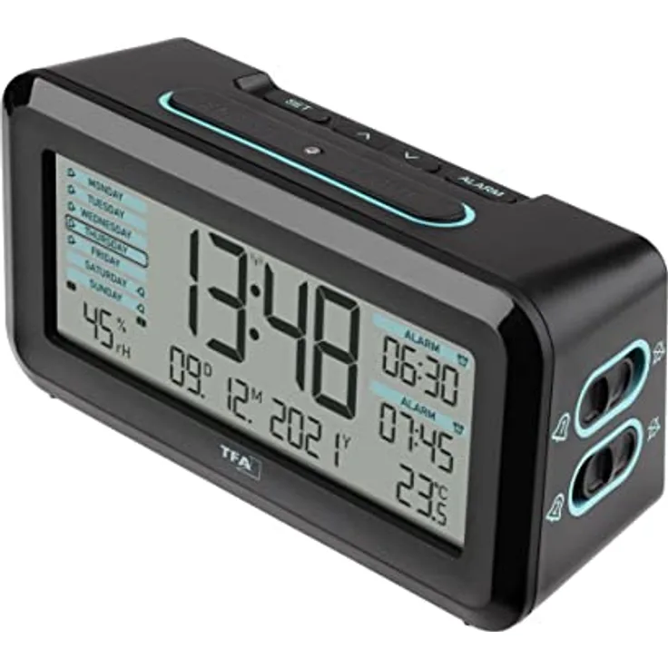 TFA Dostmann Funk-Wecker Boxx2 digital, 60.2562.01.GB, mit Akku, 2 Alarmzeiten, englisches Display, mit Thermo-Hygrometer, schwarz-türkis, (L) 138 x (B) 52 x (H) 72 mm