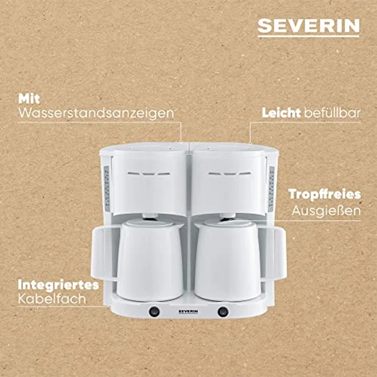 SEVERIN Duo-Filterkaffeemaschine mit Thermokanne, Kaffeemaschine für bis zu 16 Tassen, ansprechende Filtermaschine mit 2 Isolierkannen, weiß, KA 9314 – Bild 4
