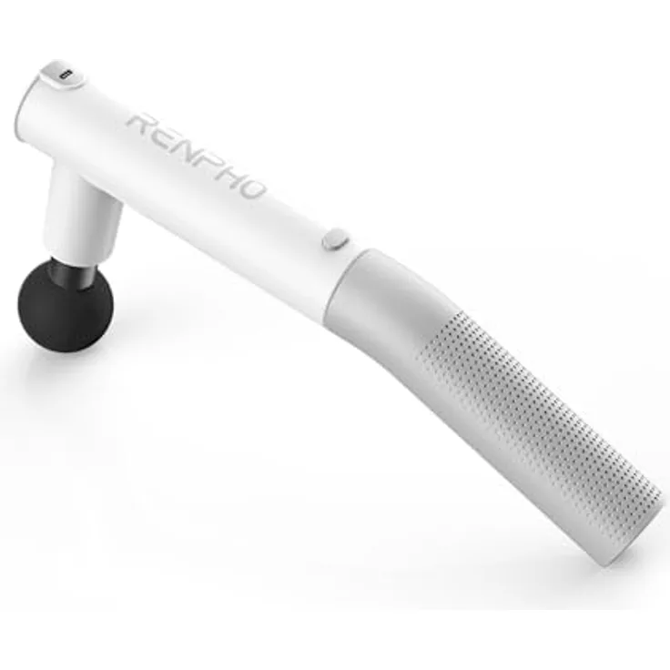 RENPHO Extend Massage Gun Weiß, Massagepistole mit abnehmbarem Verlängerungsgriff, 5 Intensitätsstufen, USB-C Ladefunktion, 4 Massageköpfen für Tiefengewebsmassage