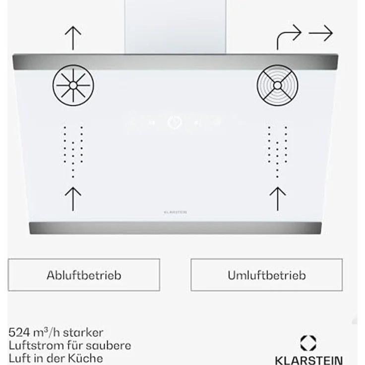 Klarstein FlashLine Dunstabzugshaube, 60 cm Kopffreihaube mit Touchscreen, 524 m³/h, A++ Energieeffizienz, 34,5 dB, LED-Beleuchtung, Weiß, Abluft- und Umluftbetrieb – Bild 2