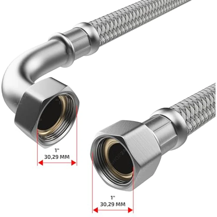 AWM Edelstahl Flexschlauch 1 Zoll Panzerschlauch Anschlußschlauch Sanitär Hauswasserwerk (1" Bogen ÜM x 1" ÜM - 60cm *33) - Edelstahl (AISI 304), Messing vernickelte Anschlüsse – Bild 3