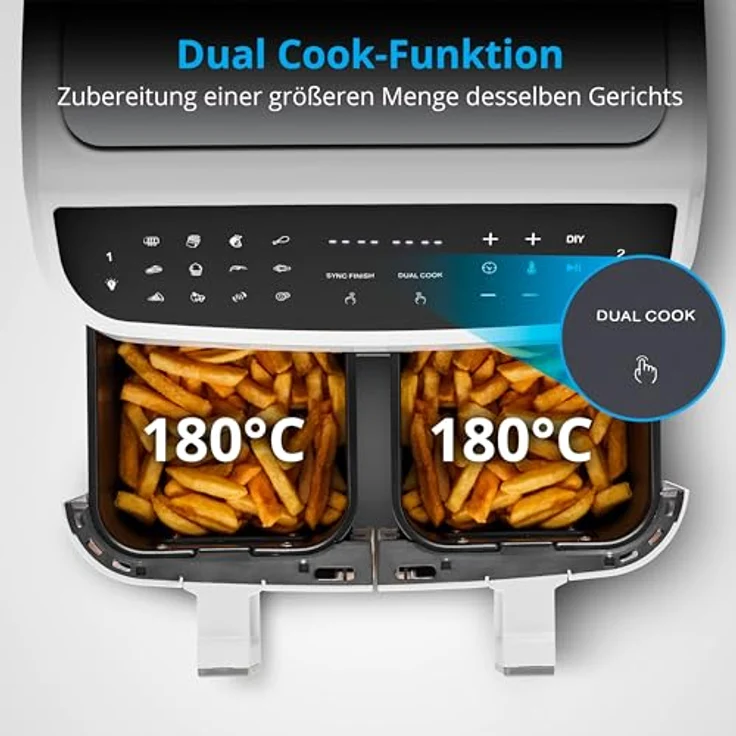 MEDION P20 XXL Heißluftfritteuse mit 2 Kammern (8,7 Liter, 2.600 Watt, Doppelkammer, 9 Automatikprogramme, 2 Schubladen, Sichtfenster, Dualer Airfryer, Dual Cook & Sync-Finish Funktion) – Bild 5