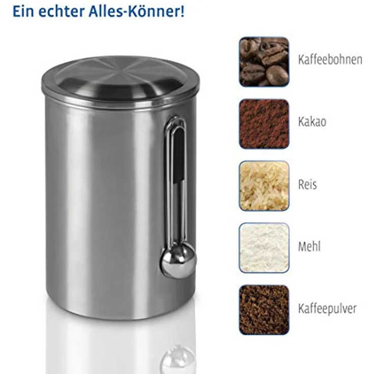 Xavax Kaffeedose mit Dosierlöffel (luftdichte Aromadose für 1kg Kaffeebohnen, Kaffeebehälter aus Edelstahl, Vorratsdose zur Aufbewahrung von Bohnen) silber – Bild 5