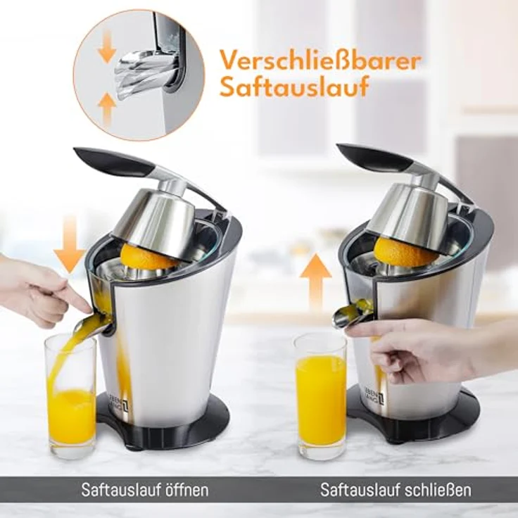 Leben Lang Zitruspresse 600W, elektrische Saftpresse mit Hebel und zwei Presskegeln für Zitronen und Orangen, BPA-frei und spülmaschinenfest – Bild 4