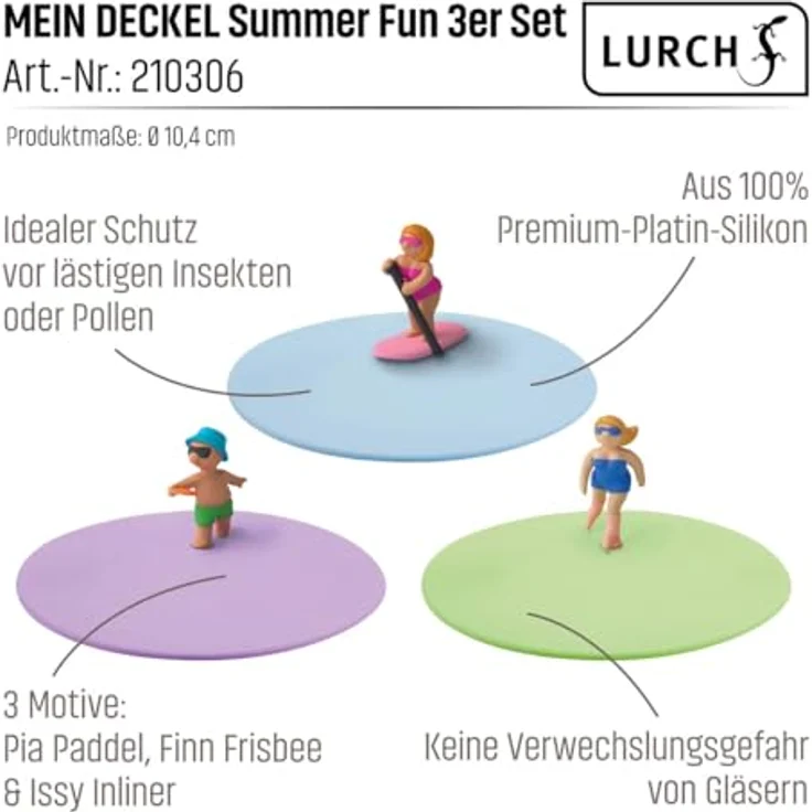 LURCH Mein Deckel Summer Fun 3er Set, Glasabdeckung Ø 10,5cm, BPA-frei aus Platin Silikon, bunt mit drei verschiedenen Motiven – Bild 3