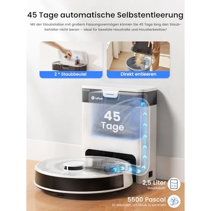LEFANT M2 Pro Saugroboter mit Wischfunktion, Automatischer Staubentleerung, 5500 Pa Saugkraft, LiDAR-Navigation, App- & Sprachsteuerung, Weiß – Bild 3