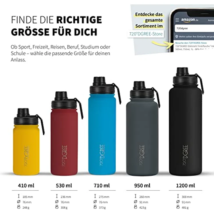 720°DGREE Edelstahl Trinkflasche “noLimit” 1200ml - Auslaufsicher, Kohlensäure geeignet, BPA-frei, Thermosflasche mit gratis Sportdeckel – Bild 3