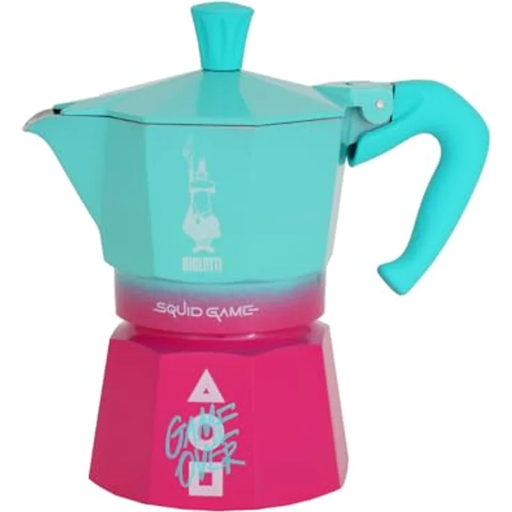 Bialetti Moka Express Squidgames, Espressokocher in Pink, Grün und Weiß mit "Game Over"-Design und geometrischen Details – Bild 4