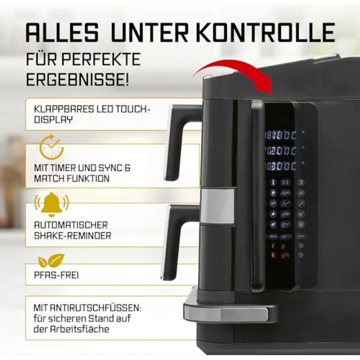 GOURMETmaxx Heißluft-Fritteuse FryUp3, 2800W, schwarz, vertikal, Doppelkorb 4l + 6l, Pizzafach, 12 Programme, 13,4l Volumen – Bild 10