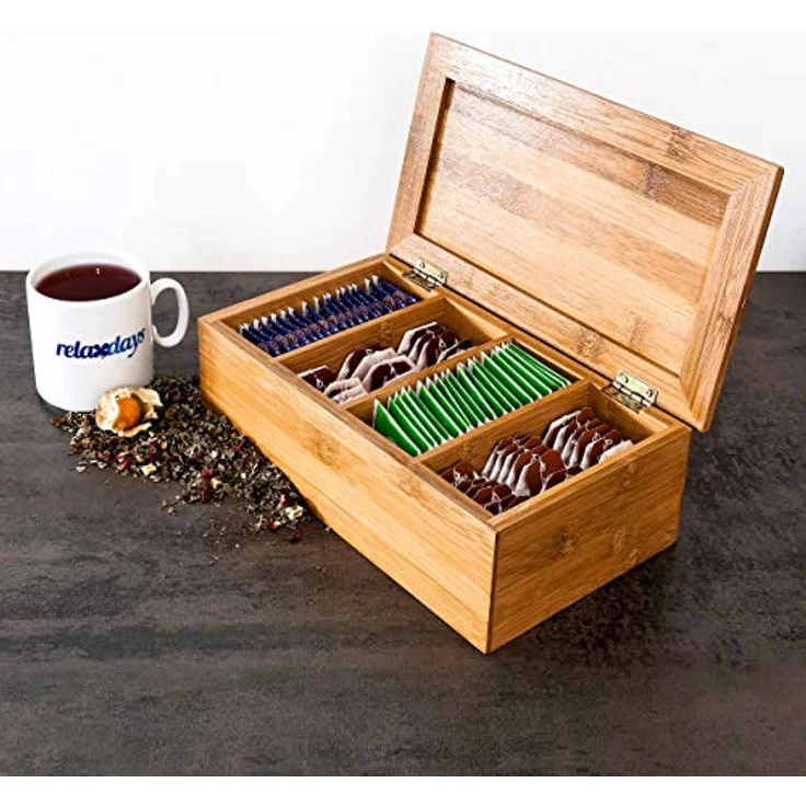 relaxdays Teebox Bambus lackiert, 4 Fächer für ca. 80 Teebeutel, natur – Bild 2