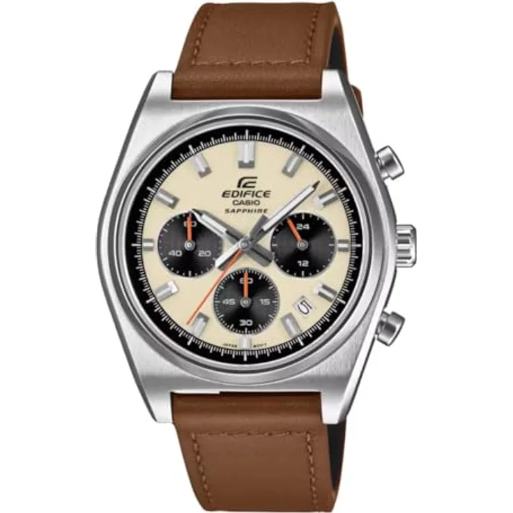 Casio Edifice EFR-539D-8AV, Herren Chronograph Quarz Armbanduhr mit Braun-Lederarmband, 40 mm Gehäuse, wasserdicht bis 10 bar, beige Zifferblatt