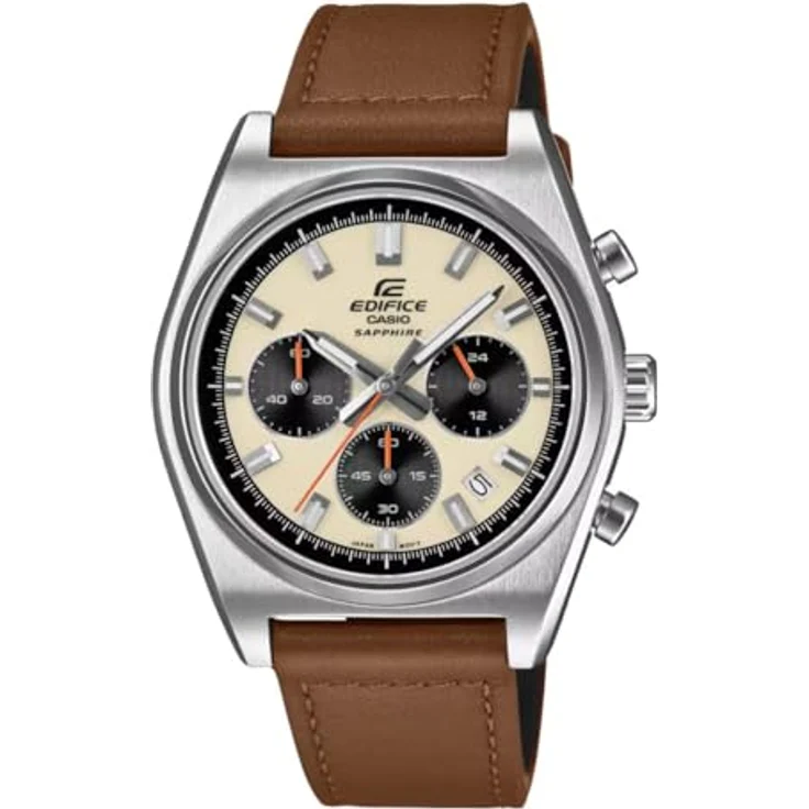 Casio Edifice EFR-539D-8AV, Herren Chronograph Quarz Armbanduhr mit Braun-Lederarmband, 40 mm Gehäuse, wasserdicht bis 10 bar, beige Zifferblatt – Bild 1