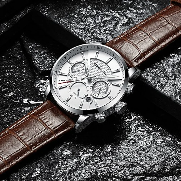 CRRJU Chronograph Herrenarmbanduhr, Analog Quarz mit Lederarmband, wasserdicht, Datumsanzeige, Schwarz – Bild 4