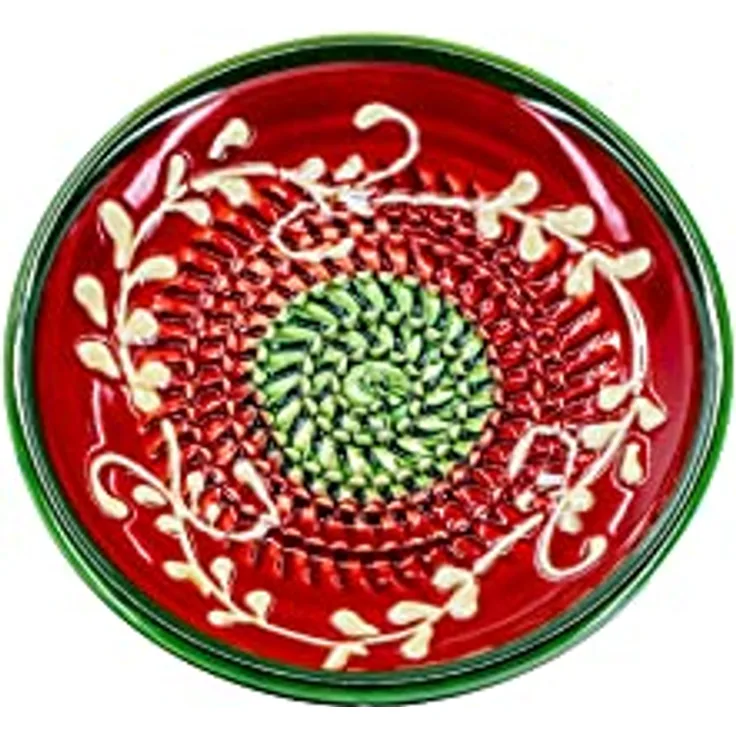 Kaladia Keramik Reibeteller/Keramikhobel - ideal für Ingwer, Parmesan etc. - in Rot & Grün - Durchmesser: 12 cm - handgemacht & handbemalt - Made in Spain