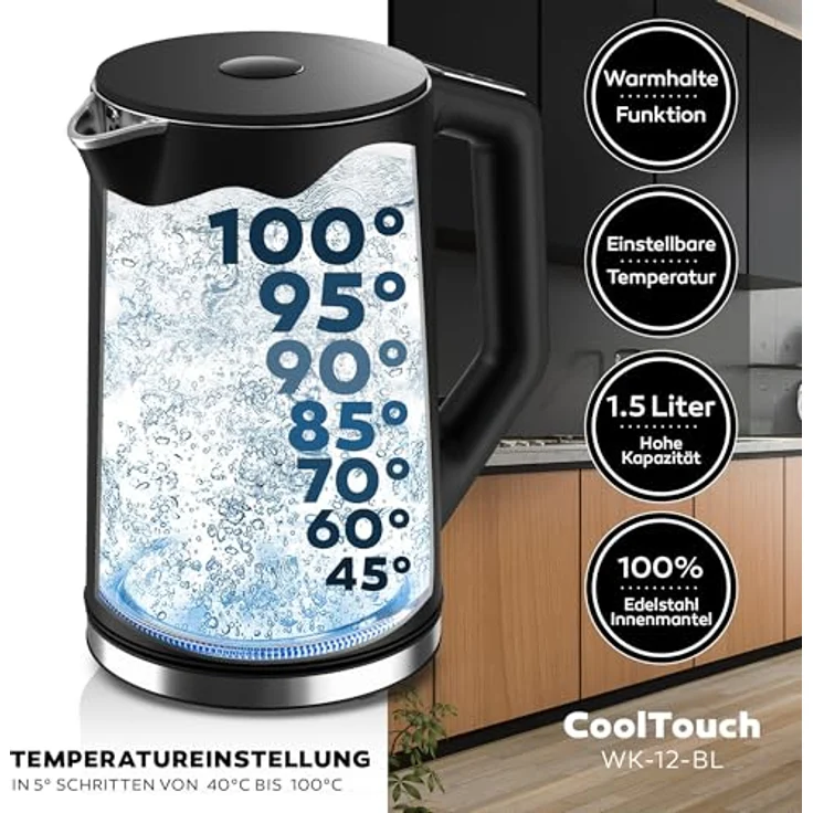 Balter WK-12 Edelstahl Wasserkocher, Temperaturwahl 40°C-100°C, 1.5L, 2200W, doppelwandig, kabellos, BPA-frei, Schwarz – Bild 5