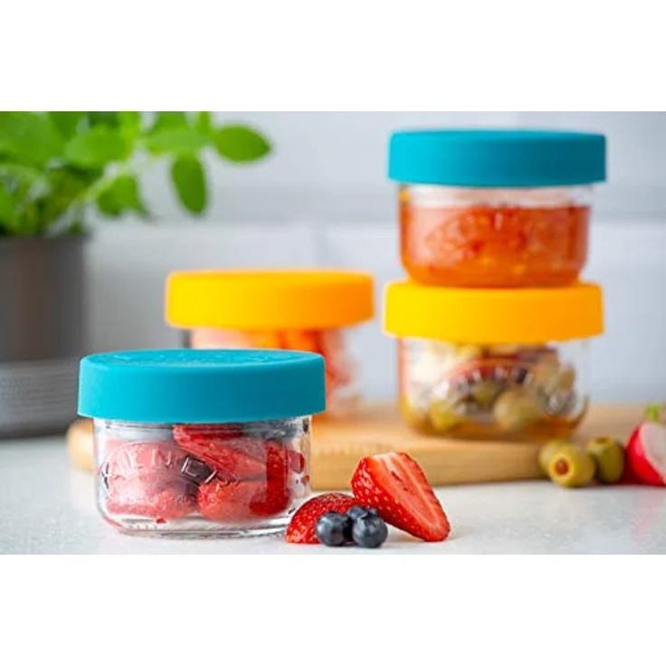 KILNER Snackgläser 125ml 2er Set, luftdicht mit bunten Silikondeckeln in Blau und Gelb, ideal für Obst und Gemüse – Bild 5