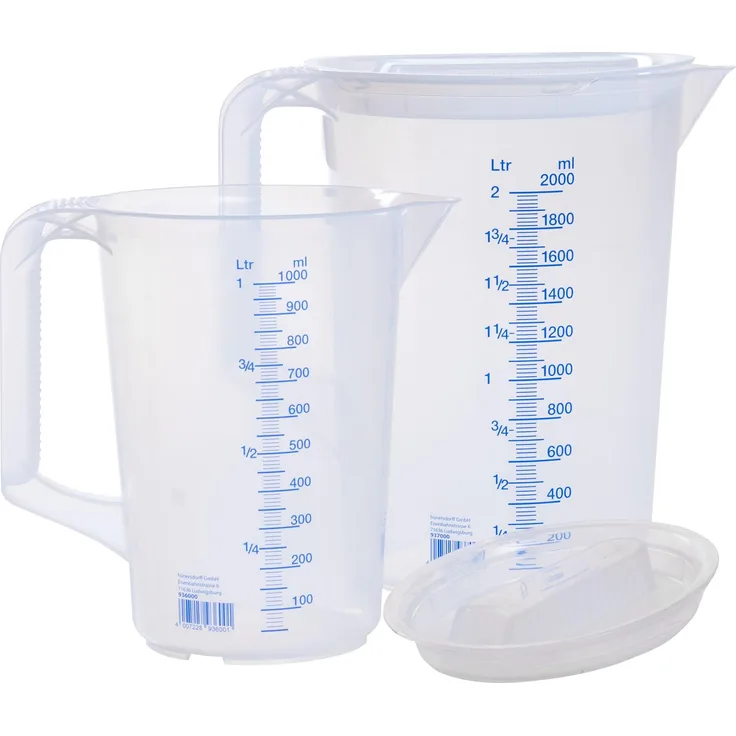 Hünersdorff Messkannenset, 2-teilig 1000 ml und 2000 ml, Polypropylen transparent, temperaturbeständig von -20°C bis +100°C, lebensmittelbeständig, mit geschlossenen Griffen und präziser Skala