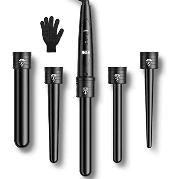 ELEHOT-Store Lockenstab 5 in 1 LCD Keramikbeschichtung Multifunktions Austauschbare Welleneisen mit Handschuhe Lockenwickler Kit ET-W301, Turmalin und Keramik-Technologie, automatische Abschaltung, schwarz – Bild 1