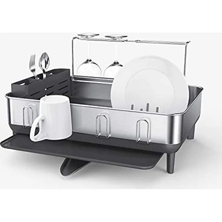 Simplehuman KT1181 Stahlrahmen Abtropfgestell Geschirr mit Abtropfschale, Geschirrständer mit Besteckhalter, Küche, Groß, grau, gebürsteter Edelstahl, 5 Jahre Garantie